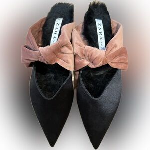 Zara Women's Black Flats with Velvet Brown Bow fur unique back